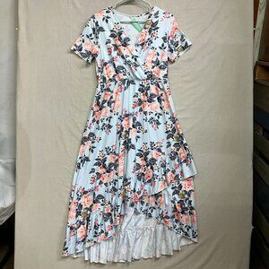 NWT BBHOPING Women Size Medium Blue Floral Wrap V-Neck Ruffle Sleeve Midi Dress